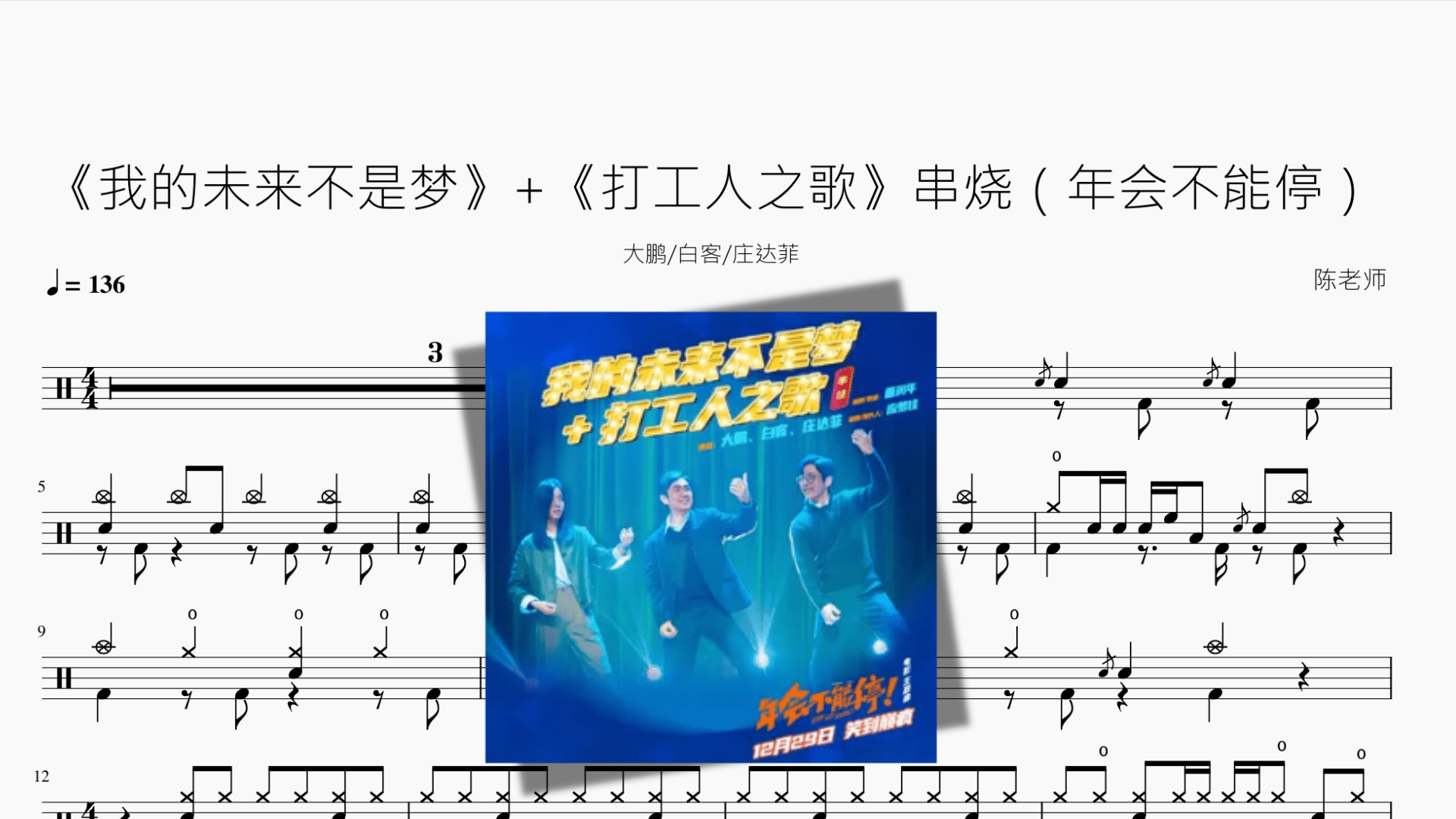 《我的未来不是梦》+《打工人之歌》串烧（年会不能停）【大鹏&白客&庄达菲】 - 鼓譜 Drumtabs ドラム楽譜