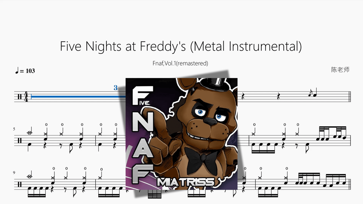 Five Nights at Freddy's Metal Instrumental【Fnaf,Vol 1remastered】 - 鼓譜 Drumtabs ドラム楽譜