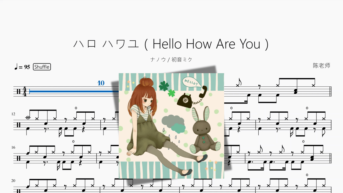 ハロ ハワユ（Hello How Are You）【ナノウ & 初音ミク】 — partitura de batería Drumtabs