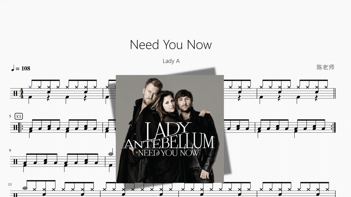 Need You Now【Lady A】 — partitura de batería Drumtabs