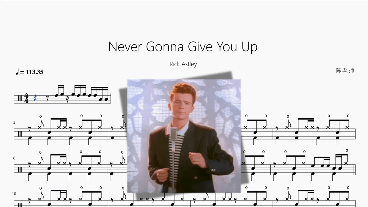 Never Gonna Give You Up【Rick Astley】 — partitura de batería Drumtabs