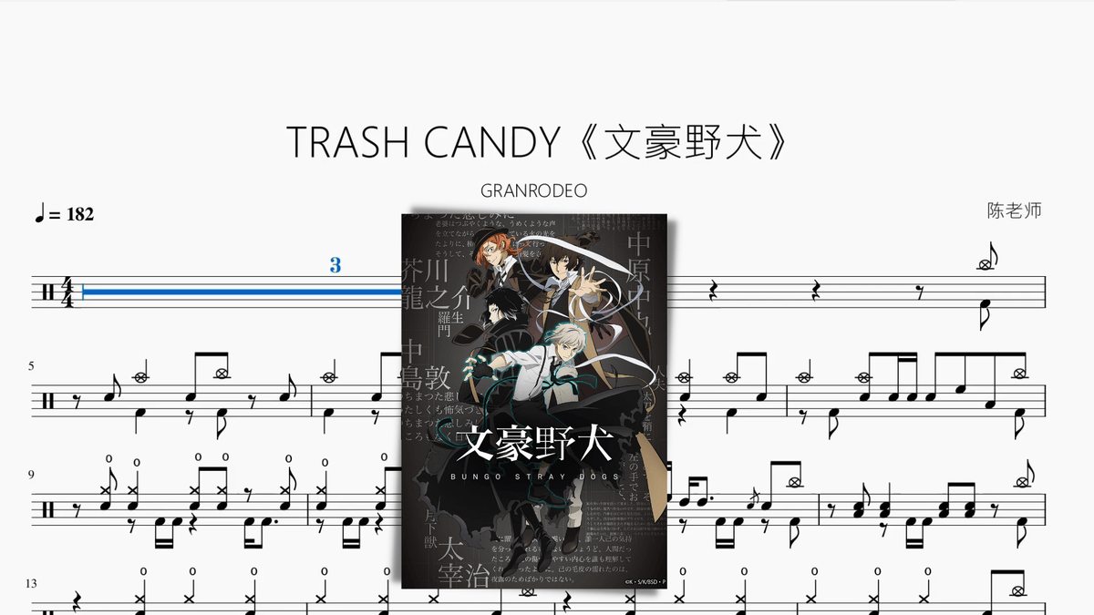 TRASH CANDY《文豪野犬》【GRANRODEO】 — partitura de batería Drumtabs